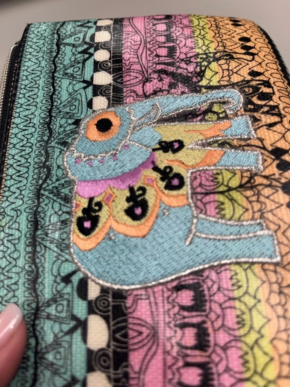 Sakroots Teal Pink Peach Stripe Embroidered Elephant Wallet/ pouch